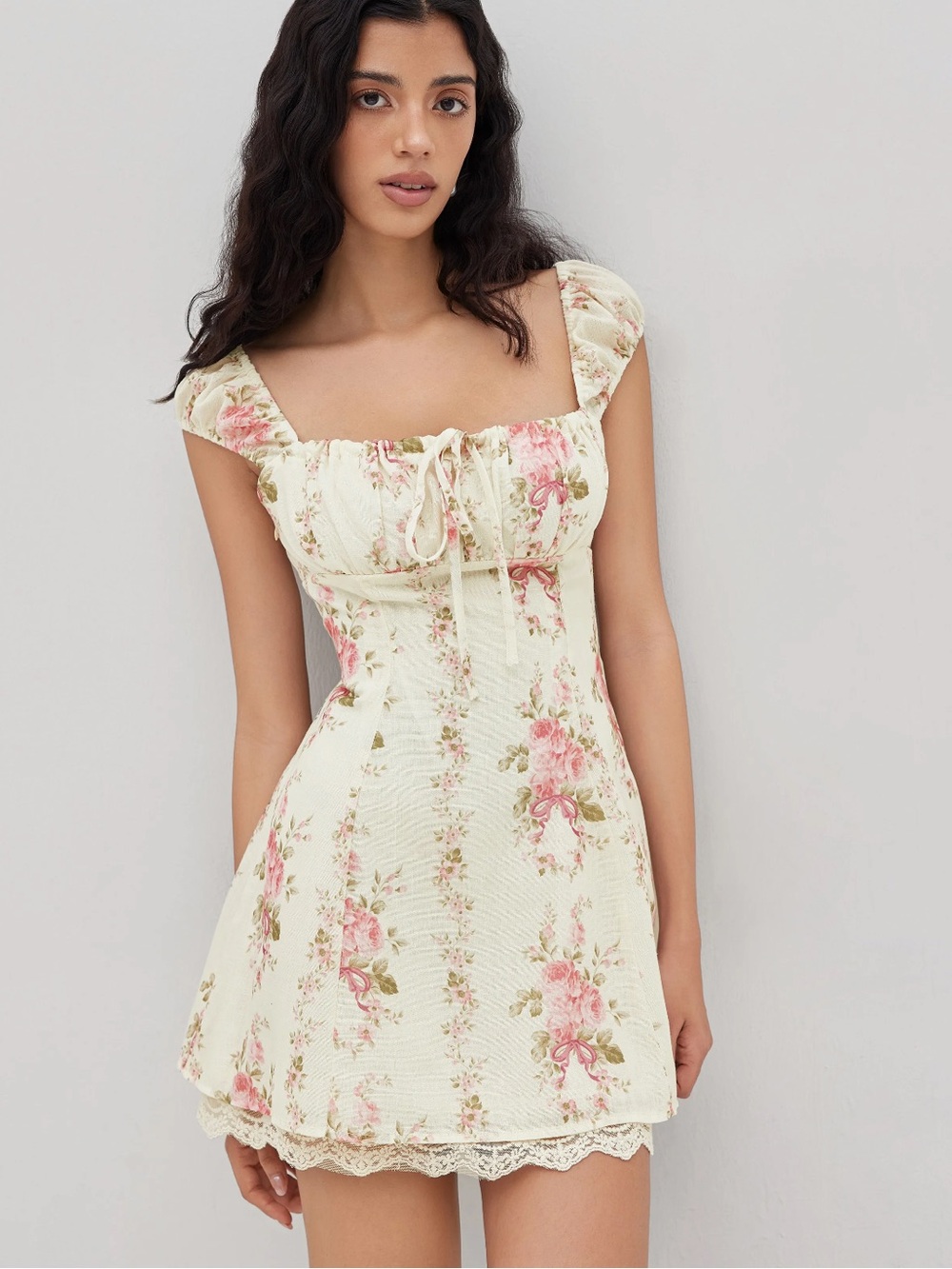 CIDER SQUARE NECK FLORAL KNOTTED MINI DRESS